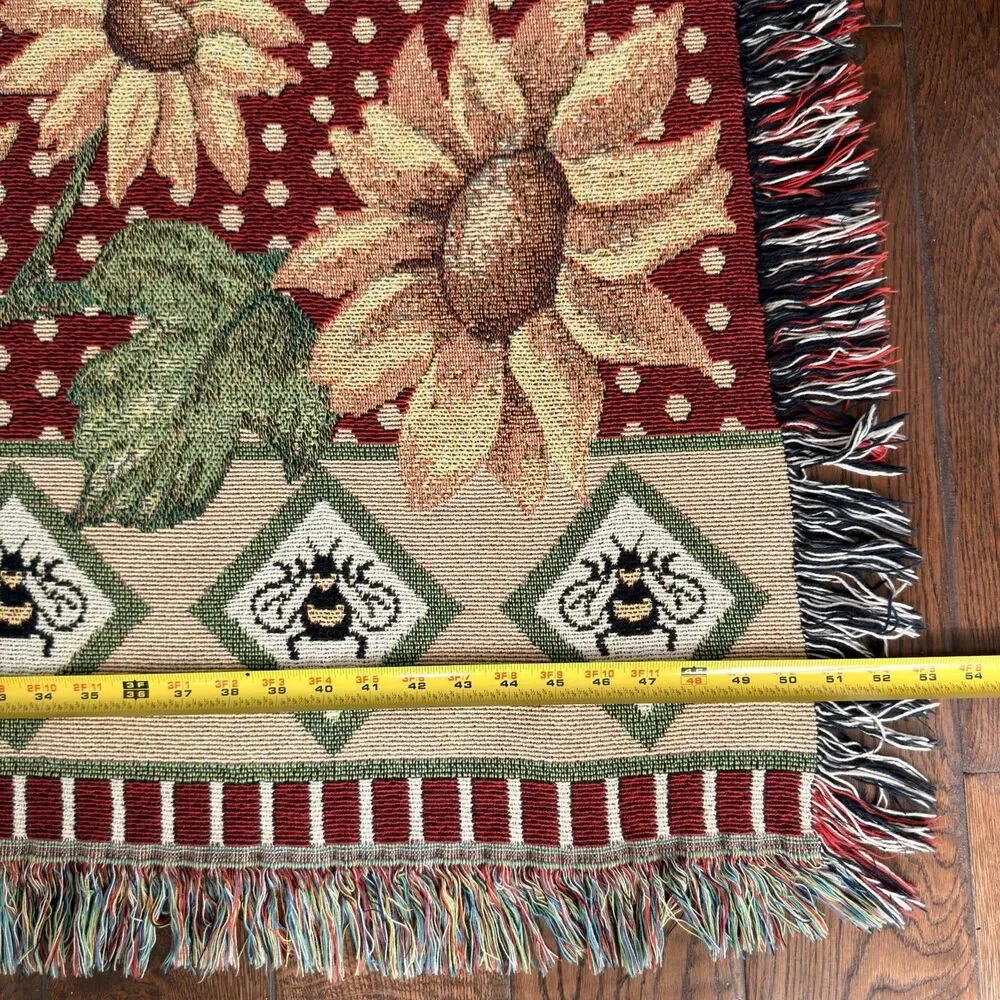 Sunflower Bee Woven Tapestry Throw Blanket Afghan Fringe Red 69x53 Cottagecore